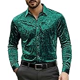 KISSQIQI Mens Dress Shirts Velvet Long Sleeve Shirts Casual Button Down Solid Slim Fit Muscle Shirt for Wedding Party