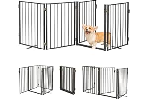 PAULMELE Metal Freestanding Dog Gates with Door,Indoor&Outdoor Pet Fences for Puppy Dogs,Extra Wide Black Free Standing Foldable Tall Dog Gate for Doorways,House,Stairs,Porch,Deck,Yard(4 Panels 24''H×80''W)