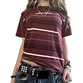 Women Y2K Striped Short Sleeve T-Shirt Crewneck Oversized Tee Color Block Loose Fit Tee Shirts Casual Baggy Top