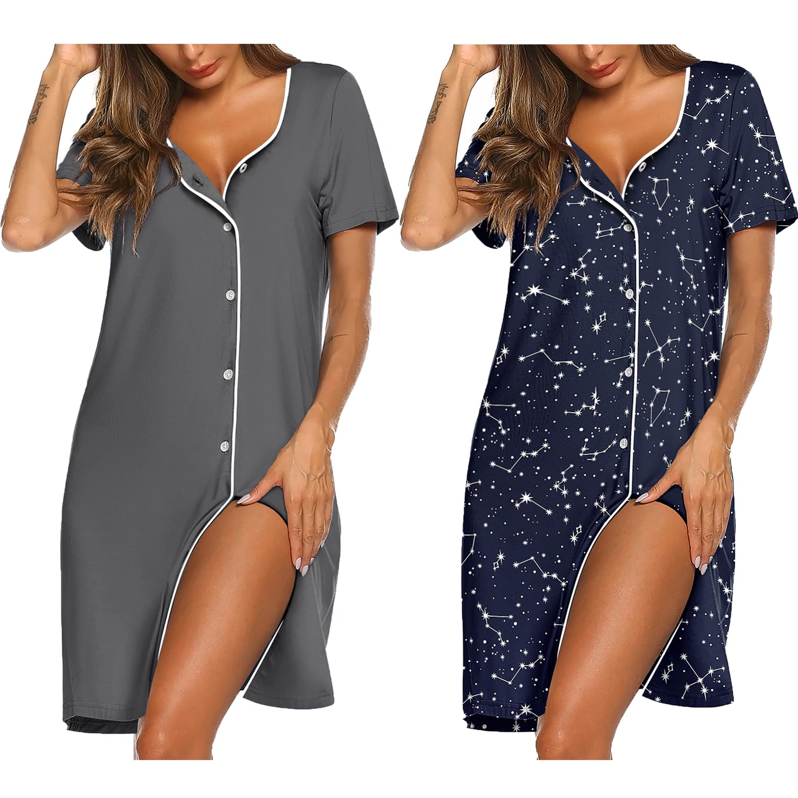 Photo 1 of Ekouaer Nightgowns for Women 2 Pack Button Down Sleepshirt Short Sleeve Nightshirt Soft Sleepwear V Neck Pajama Dress Grey/Blue Star L