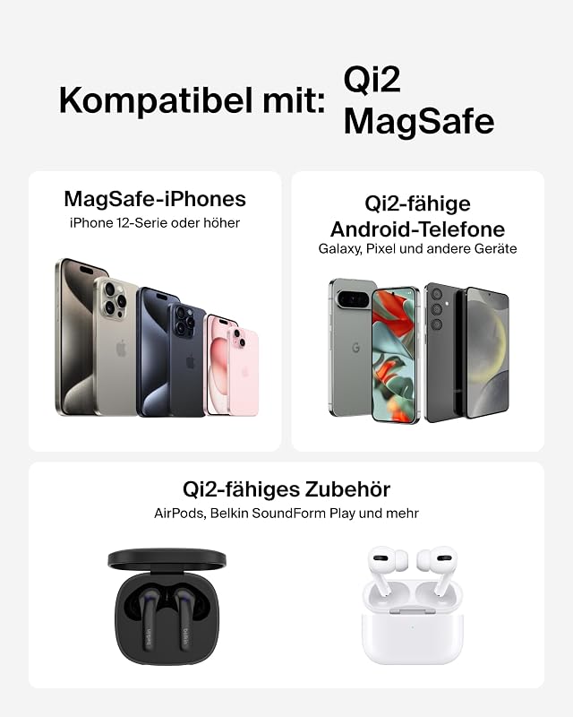 Magnetisches Kabelloses Ladegerät (15W) mit Ständer – zertifiziertes MagSafe Ladegerät, Qi2 Ladestation für iPhone 16, 15, 14, Samsung Galaxy S25, S24, AirPods usw. (mit Netzteil) – Schwarz