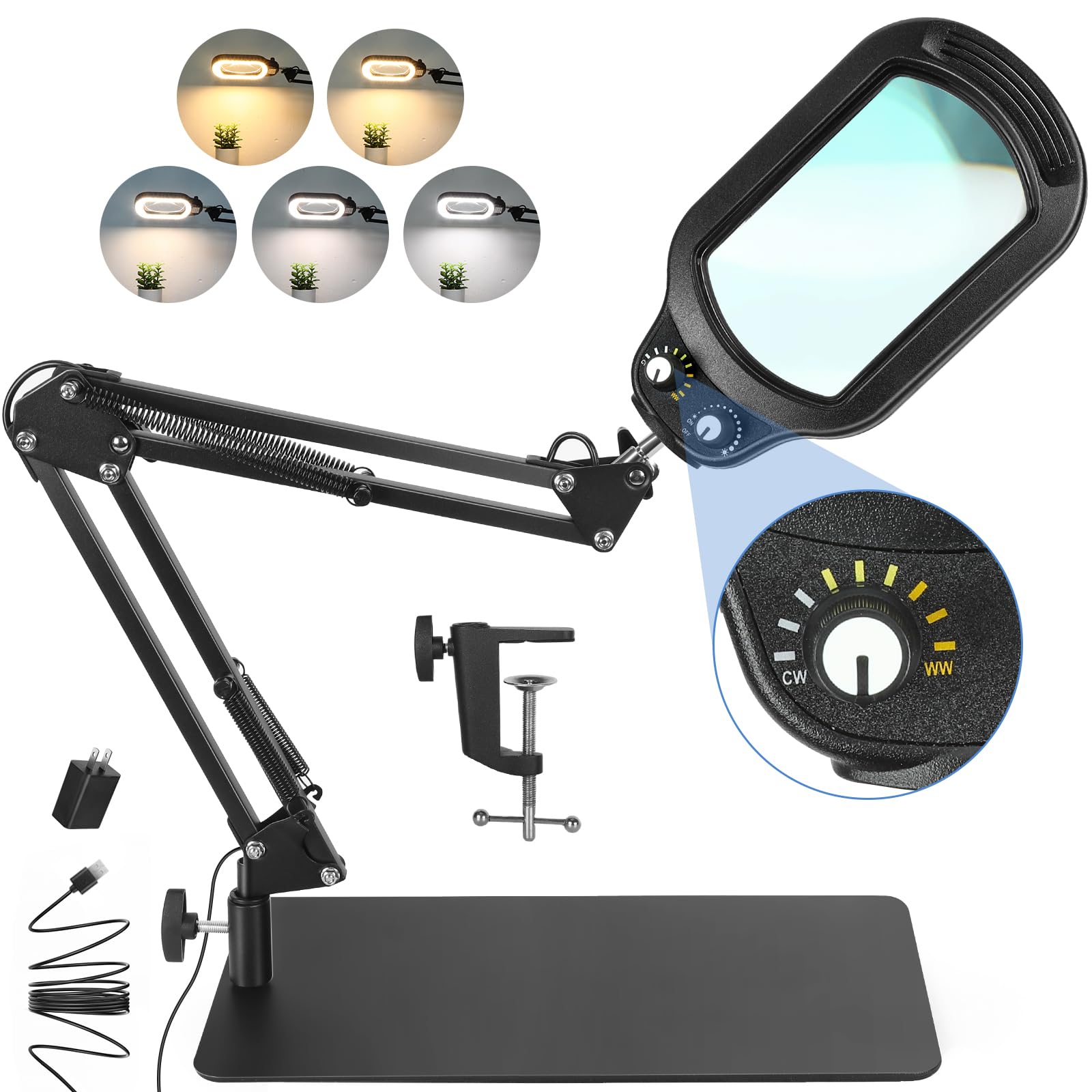 Photo 1 of 10X Rectangle Magnifying Glass with Light and Stand, Real Glass Lighted Magnifier Hands Free, Mechanical Knob 5 Color Modes Stepless Dimmable, 2-in-1 LED Desk Lamp with Clamp for Close Work, Reading