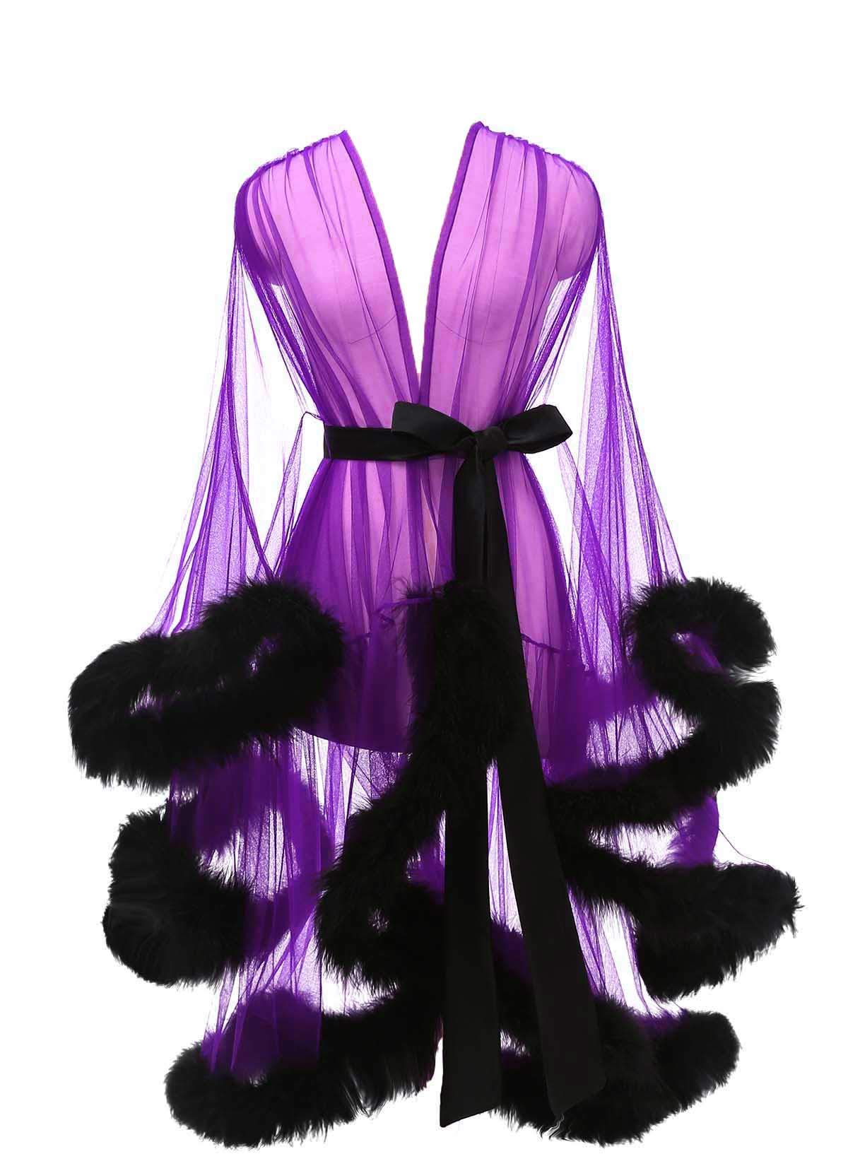 Tulle Feather Robes for Women Sexy Sheer Mesh Fur