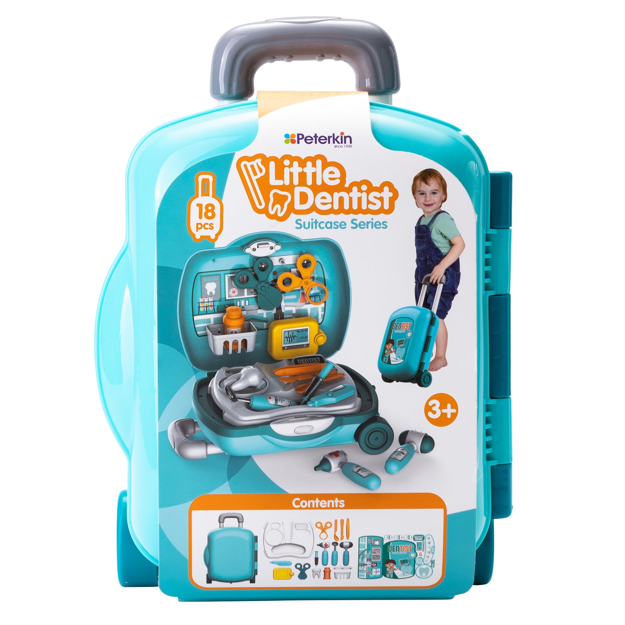 PETERKIN | Little Dentist Wheelie Case Toy | 18 piece, brightly coloured, dentist surgery kit in a 34 cm wheelie case with retractable handle | Roleplay Toys | Ages 3+