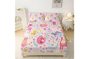 QOOMO Floral Cats Sheet Set,Kawaii Cats Kids Bed Sheets,Pink Cats 16" Deep Pocket Bed Sheet Set for Boys/Girls/Kids/Teens，4 Piece Sheet Set, 1 Fitted Sheet,1 Flat Sheet and 2 Pillowcases，Queen Size