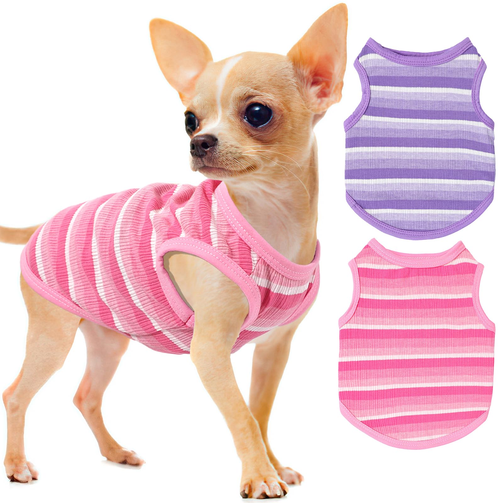 Photo 1 of 2- Pieces Dog Clothes for Small Dogs Girl Cute Pink Striped Puppy Shirt Pet Tank Top Outfit for Female Dogs, Chihuahua, Yorkie,Pug, Bulldog and Cats, M,Pink Purple