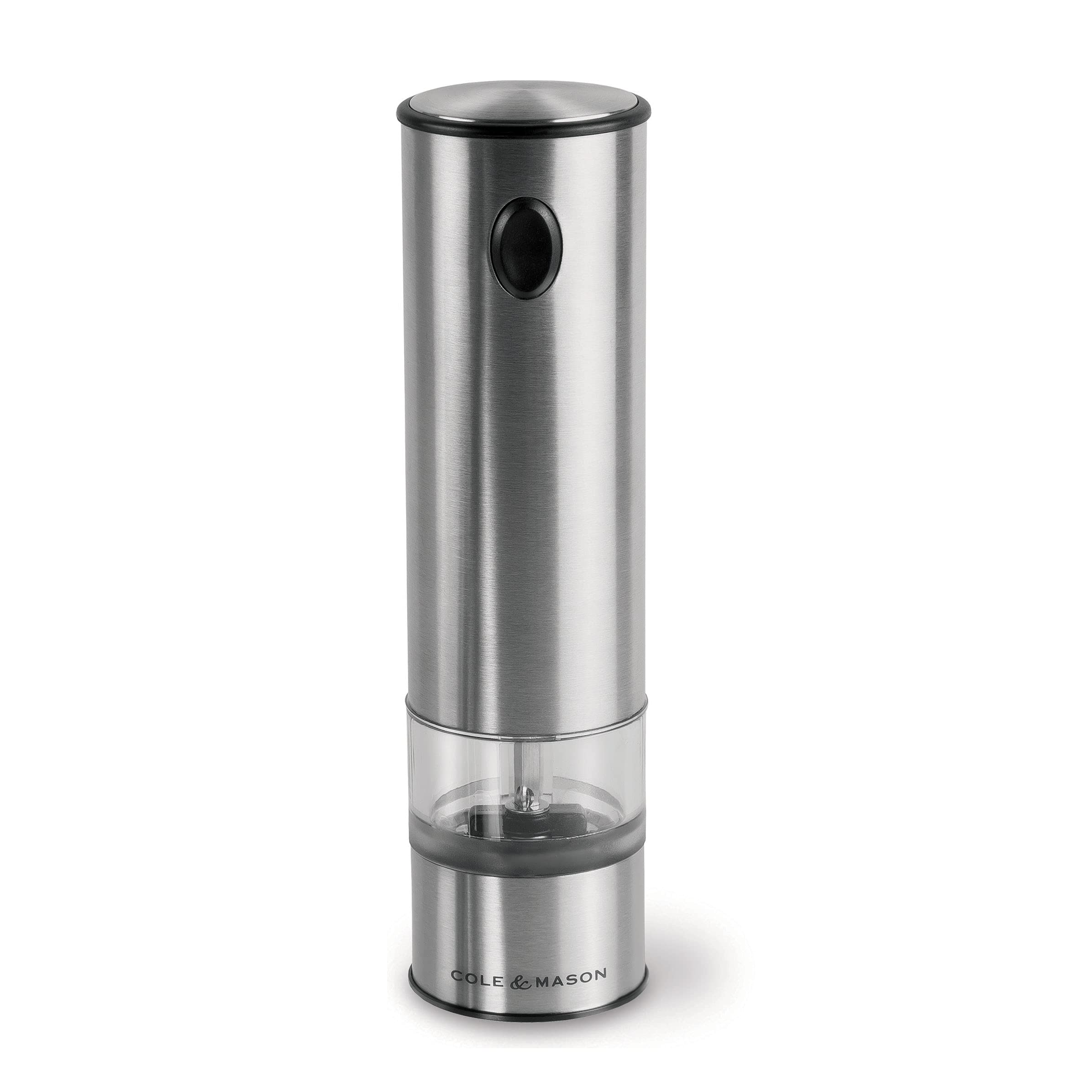 Cole & Mason Battersea Electric Salt and Pepper Mill, Adjustable Ceramic Grind Mechanism Stainless Steel/Acrylic, 210 mm, Single, Includes 1 x Electric Salt or Pepper Grinder