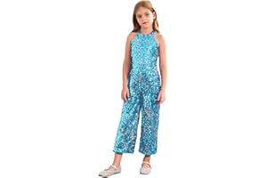 Linjinx Kids Girls Sparkle Romper Jumpsuit One-Piece Halter Neck Wide Leg Catsuit Pageant Birthday Party