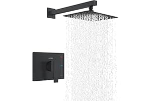KENES Matte Black Shower Faucet with 10-Inch Shower Head and Handle Set, Square Shower Faucet Set Bathroom Rainfall Shower System Wall Mount, KE-6024B-2 (Shower Valve Included)