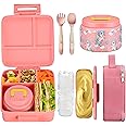 JXXM Bento Lunch Box for Kids With 8oz Soup Thermo,Leak-proof Lunch Containers with 5 Compartment,Thermos Food Jar and Lunch Bag, Food Containers for School (A-Pink(Fantasy Unicorn))