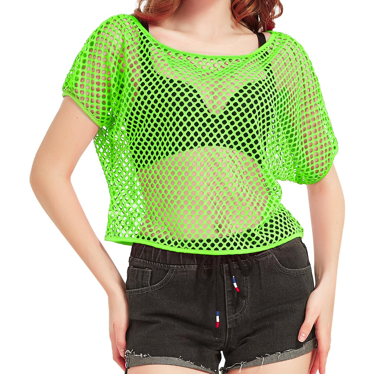 80s Fancy Fishnet Top for Women, Neon Mesh Top Off the Shoulder T-shirt 1980s Retro Theme Party Costume Accessories Cosplay — image 1