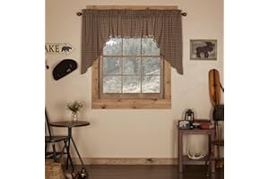 VHC Brands Prescott Rustic 36"x36"x16" Swag Pair Brown Rod Pocket Cotton Plaid Kitchen Window Curtains