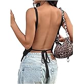 MakeMeChic Women's Tie Open Back Top Knit Backless Spaghetti Strap Going Out Tops