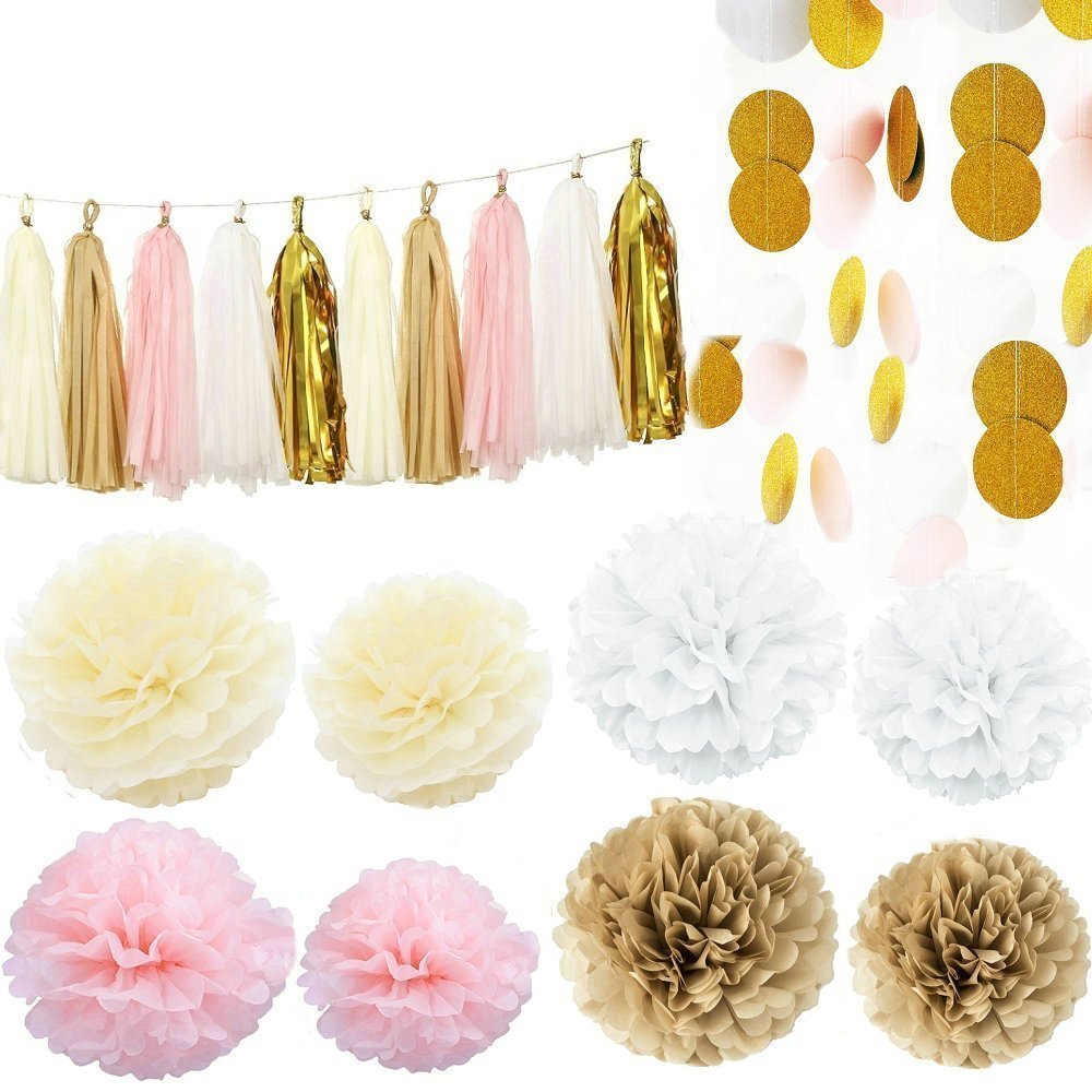 Pink White Cream and Gold 36pcs Party Decoration Set by Cherry Down