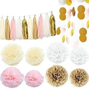 Pink White Cream and Gold 36pcs Party Decoration Set by Cherry Down
