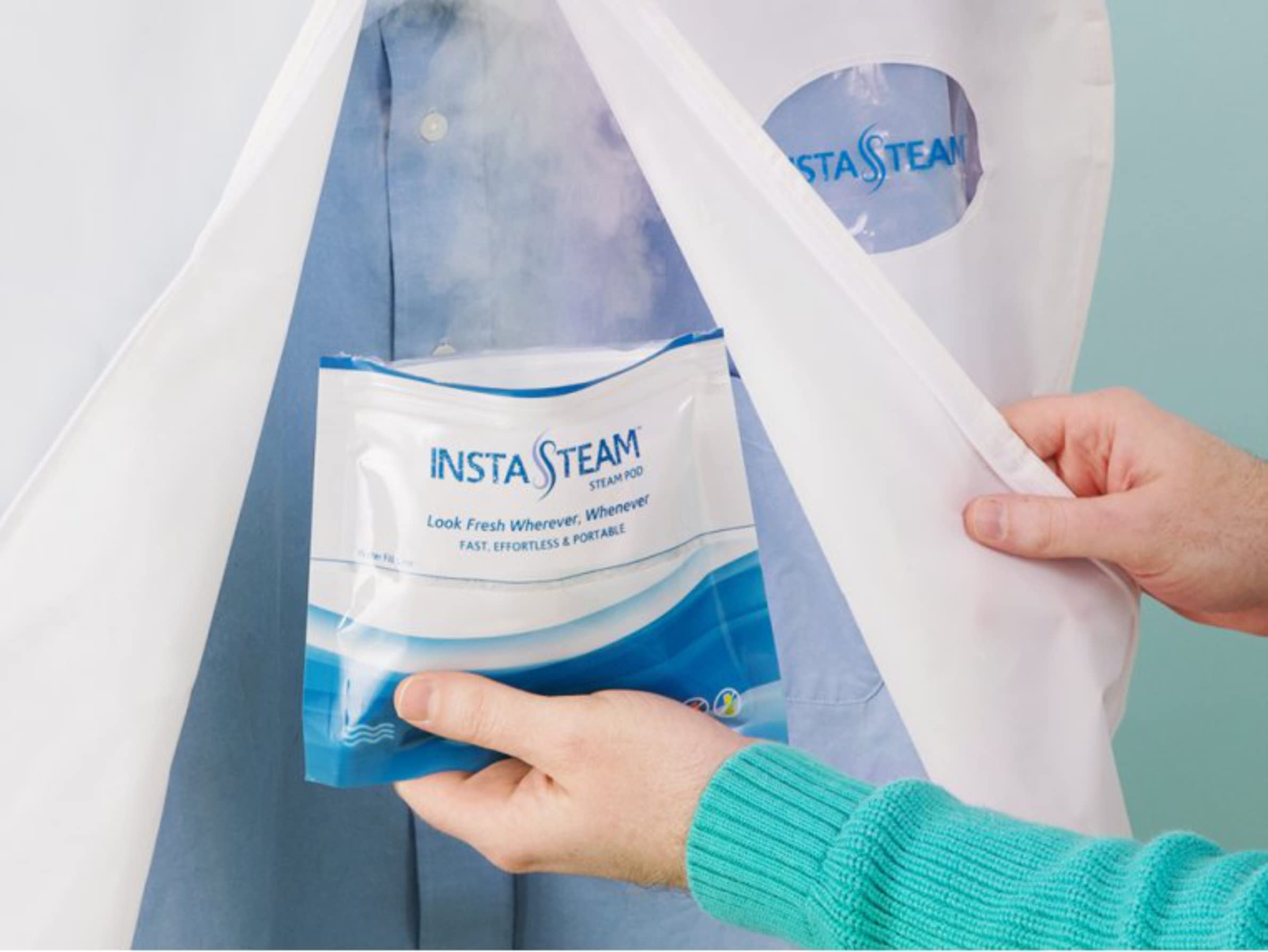 InstaSteam Electricity-Free Travel Steamer for Clothes with 3 Wrinkle Release Pods, Spray & Garment Bag, Handheld Clothing, Garment Steamer , Wrinkles Remover, TSA Approved Cruise Essentials