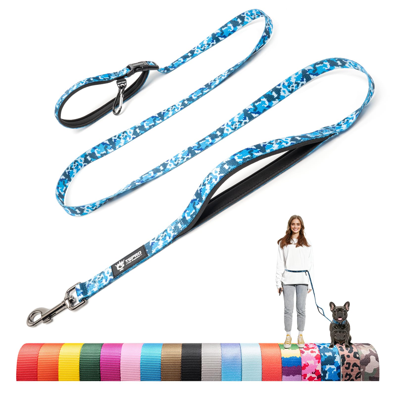 TSPRO Hands Free Dog Lead with Padded Handle & Safety Metal Buckle, Adjustable Durable Lead for Walking & Running, Small Dogs (Camo Blue, S)