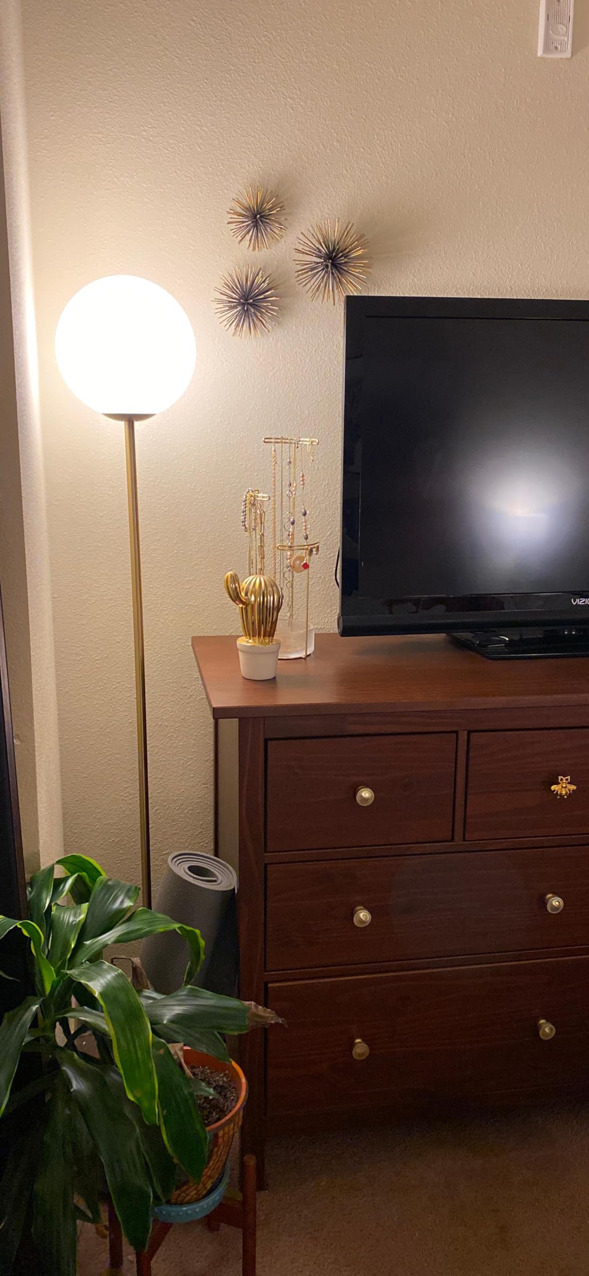 Brightech Luna LED Floor lamp, Modern Lamp for Living Rooms & Offices, Great Living Room Décor, Tall Lamp with Frosted Glass Globe, Mid Century Standing Lamp for Bedroom Reading - Brass/Gold