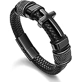 Black Cross Cuff Bracelet for Men, Philippians 4:13 Stainless Steel Braided Leather Bible Verse Jesus Bracelets Inspirational Faith Gift for Dad Brother Son Religious Baptism Confirmation Gifts