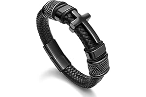 OALDILEE Black Cross Cuff Bracelet for Men, Philippians 4:13 Stainless Steel Braided Leather Bible Verse Jesus Bracelets Inspirational Faith Gift for Dad Brother Son Religious Baptism Confirmation Gifts