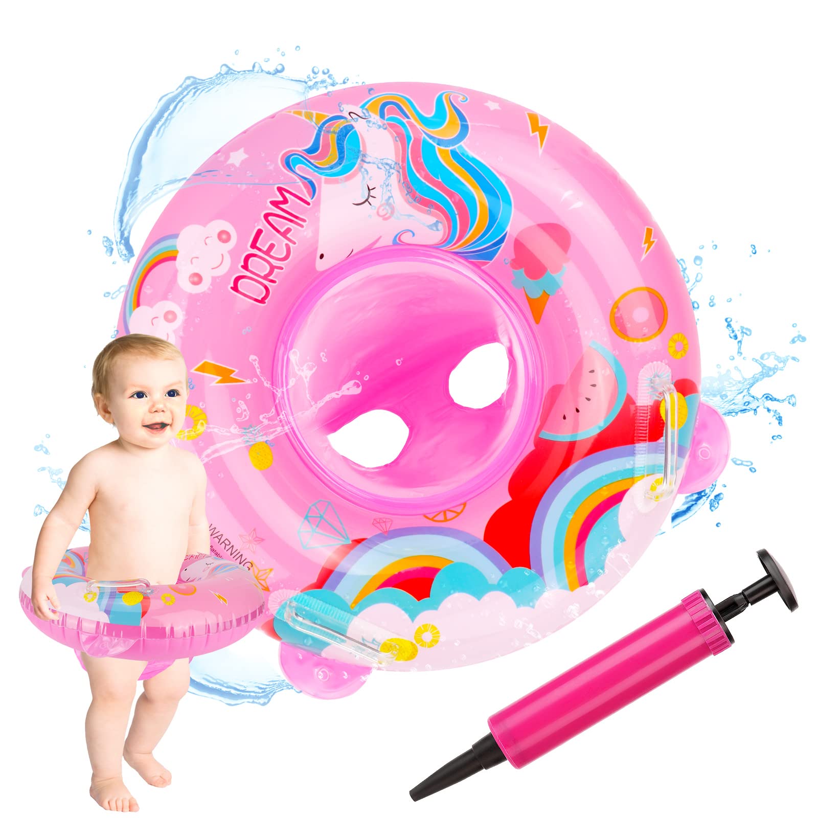Pwsap Baby Swimming Ring, Unicorn Cartoon Inflatable Baby Swimming Float PVC Safety Aid Float Seat Circle Swim Float Boat with Inflator and Seat for Age 3+ Years Toddler Floating Training, Pink