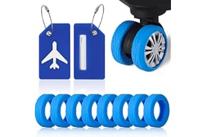 CQSYWQING 10 Pcs Silicone luggage wheel covers with luggage tags for suitcases, Wear-Resistant, Anti-Noise, Covers for 2-2.4" Spinner Wheel，Essential Travel Accessories (Blue)