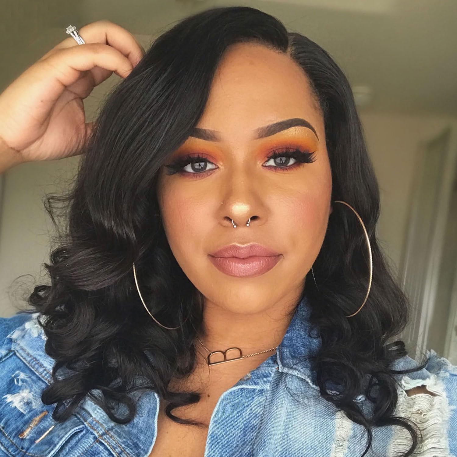 Photo 1 of FANCEE Short Curly Wavy Wig Glueless Loose Wave Wigs Big Curly Lady Side Part Shoulder Length Wigs Synthetic Bob Wavy Wig for Black Women (Black 16 Inch)