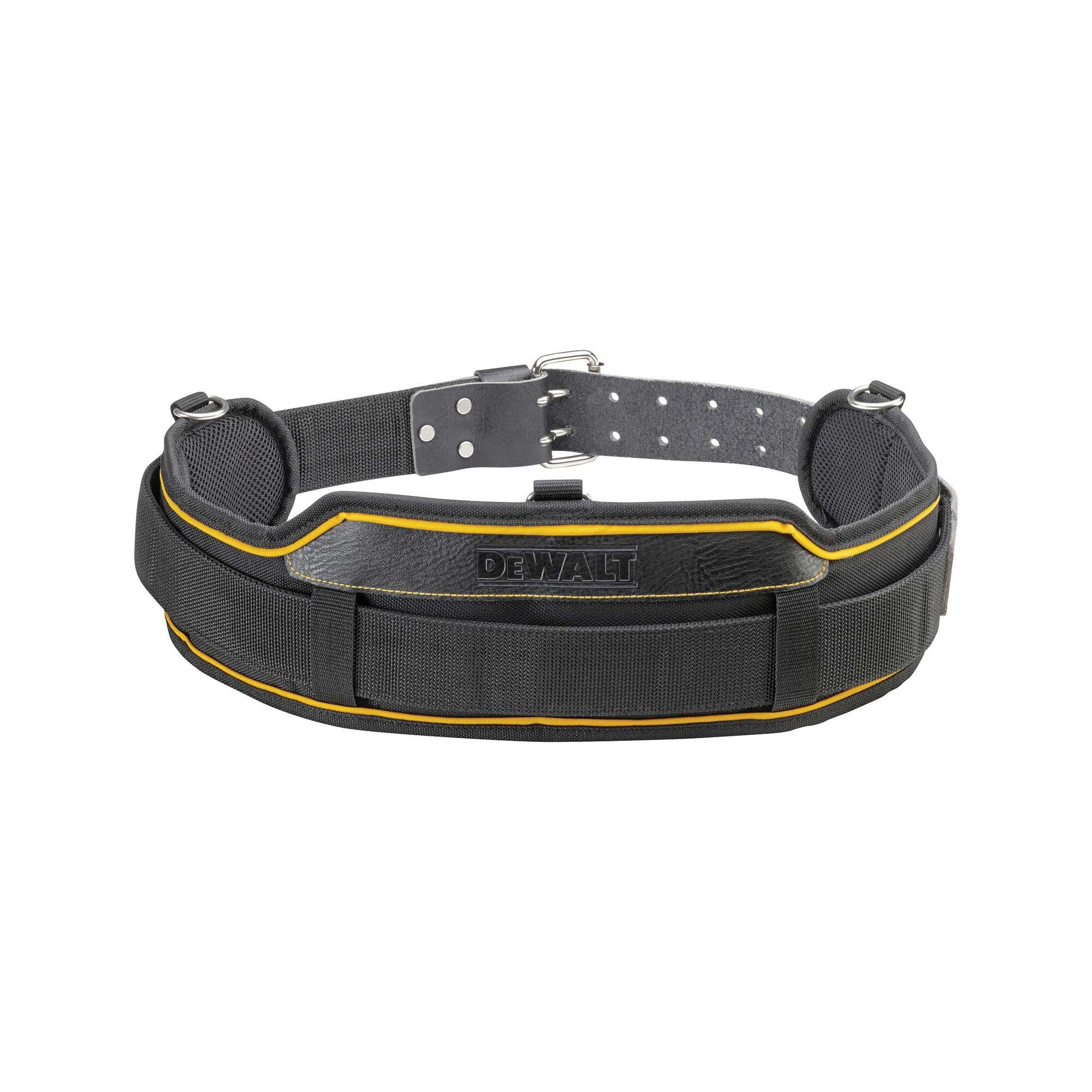 Heavy-Duty Tool Belt with Leather/Polyester Build, Breathable Padded mesh, 2-pin Buckle, and D-Ring Hangers. Fully Adjustable and Compatible with DeWalt Pouches.