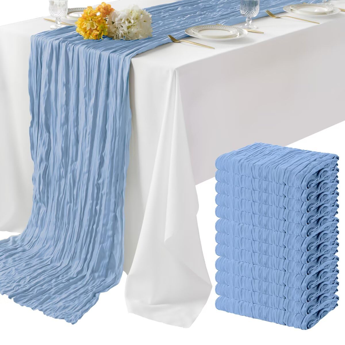 View 1 of 12 Pack Dusty Blue Cheesecloth Table Runner 35"×120" Gauze Fabric Table Runner Rustic Sheer Runner for Wedding Birthday Baby Shower Party Table Decoration Dusty Blue 12 Pack