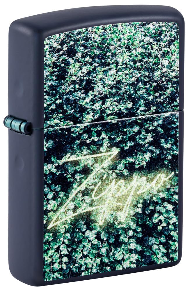 Zippo Windproof Lighter - Leaf Design and Inscription - Navy Matt Finish, Colour Image - Refillable - Reusable - Windproof Design - Gift Box - Made in USA