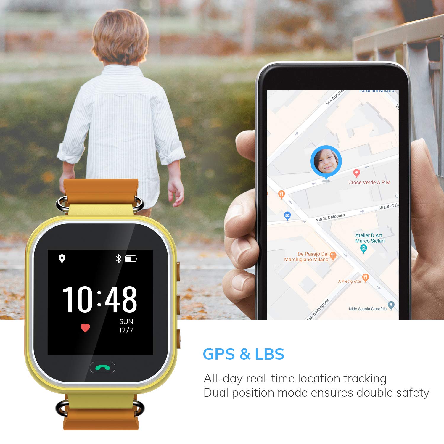 Wonbo Kids Smart Watch, GPS Phone Watch with SIM Slot SOS Call, Real-time Location Finder,Remote Monitor,Watch Remove Alert, Supports Android & iOS (Orange)