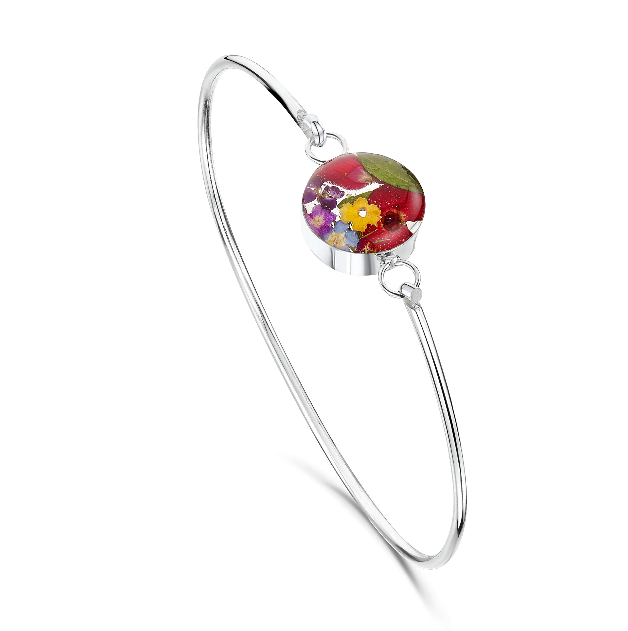 Shrieking Violet 925 Sterling Silver Round Real Flower Bangle - Assorted Flowers (Multicolour)