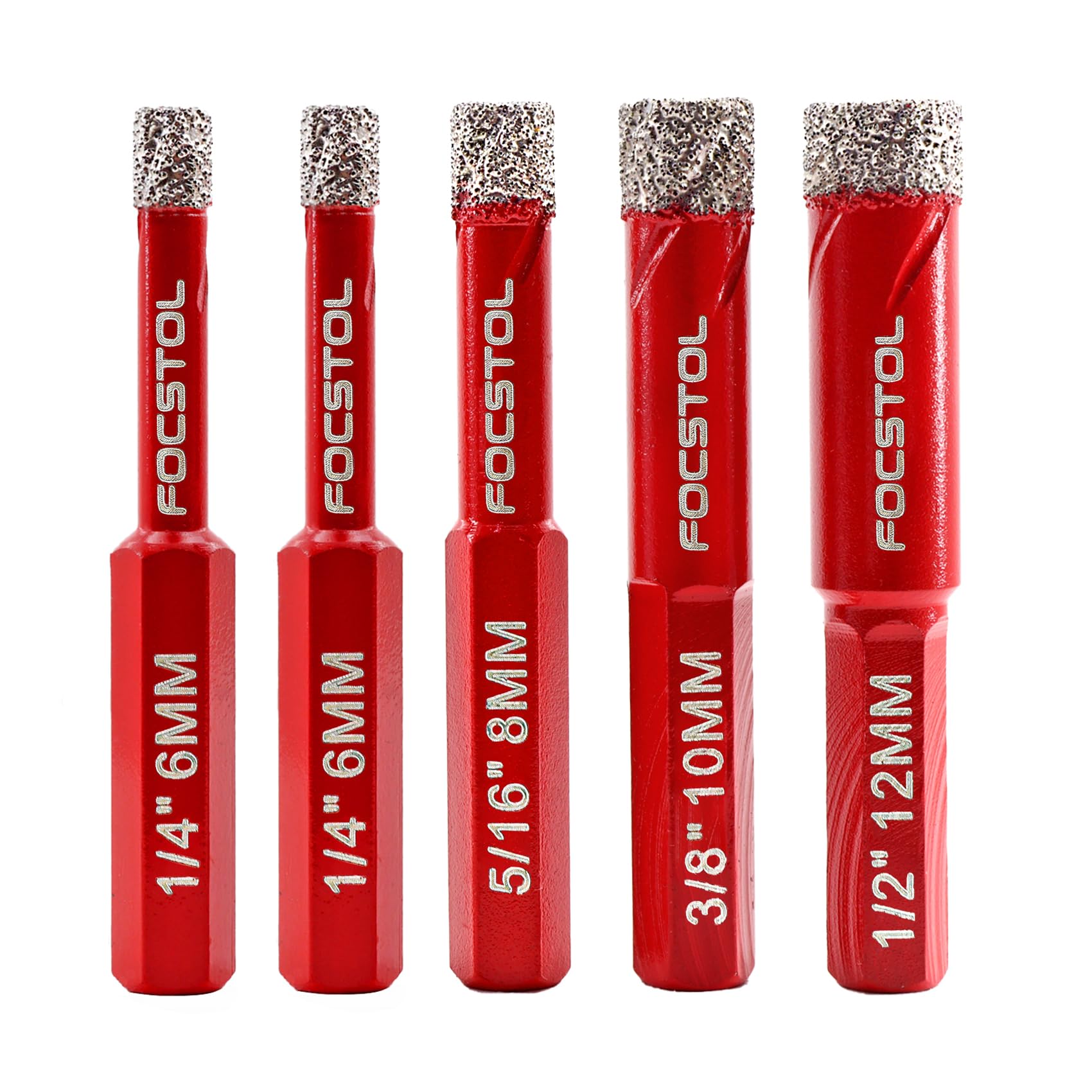 Dry Diamond Drill Bits Set - FOCSTOL 5pcs 6/6/8/10/12mm Diamond Hole Saw Kit with Hex Shank for Ceramic Porcelain Tile Marble Granite Artificial Stone — image 1