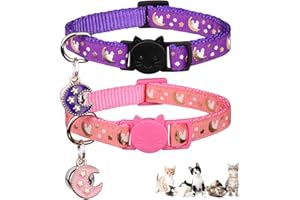BAEUPPIT 2Pcs Breakaway Cats Collars Cat Collars for Girl Cats Moons Adjustable Kitten Collars with Bell & Pendant Glow in The Dark,Purple+Pink