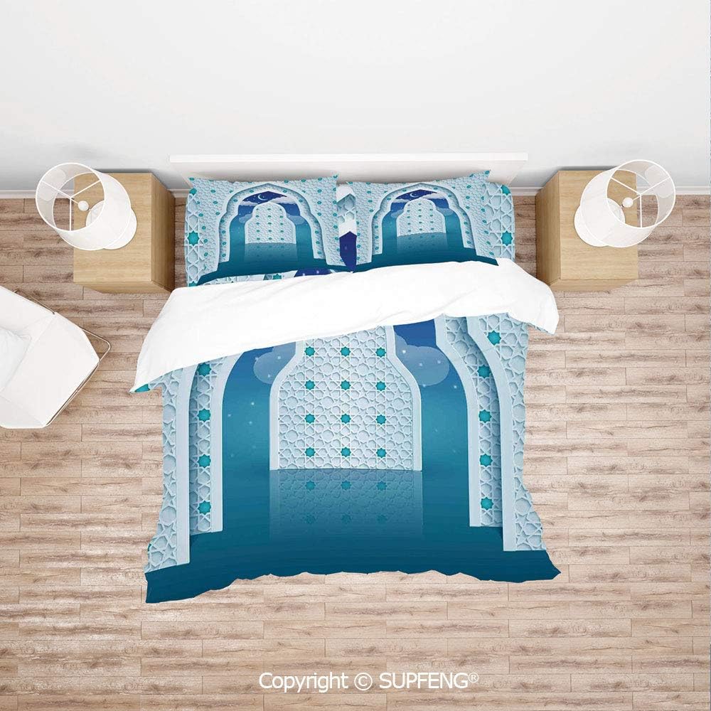 SCOXIXI 3D Duvet Cover Bedding Sets Arabic Quote Textured Mosque Arch Door with Cloudy Star Sky Night Backdrop Print (Comforter Not Included) Soft, Breathable, Hypoallergenic, Fade Resistant