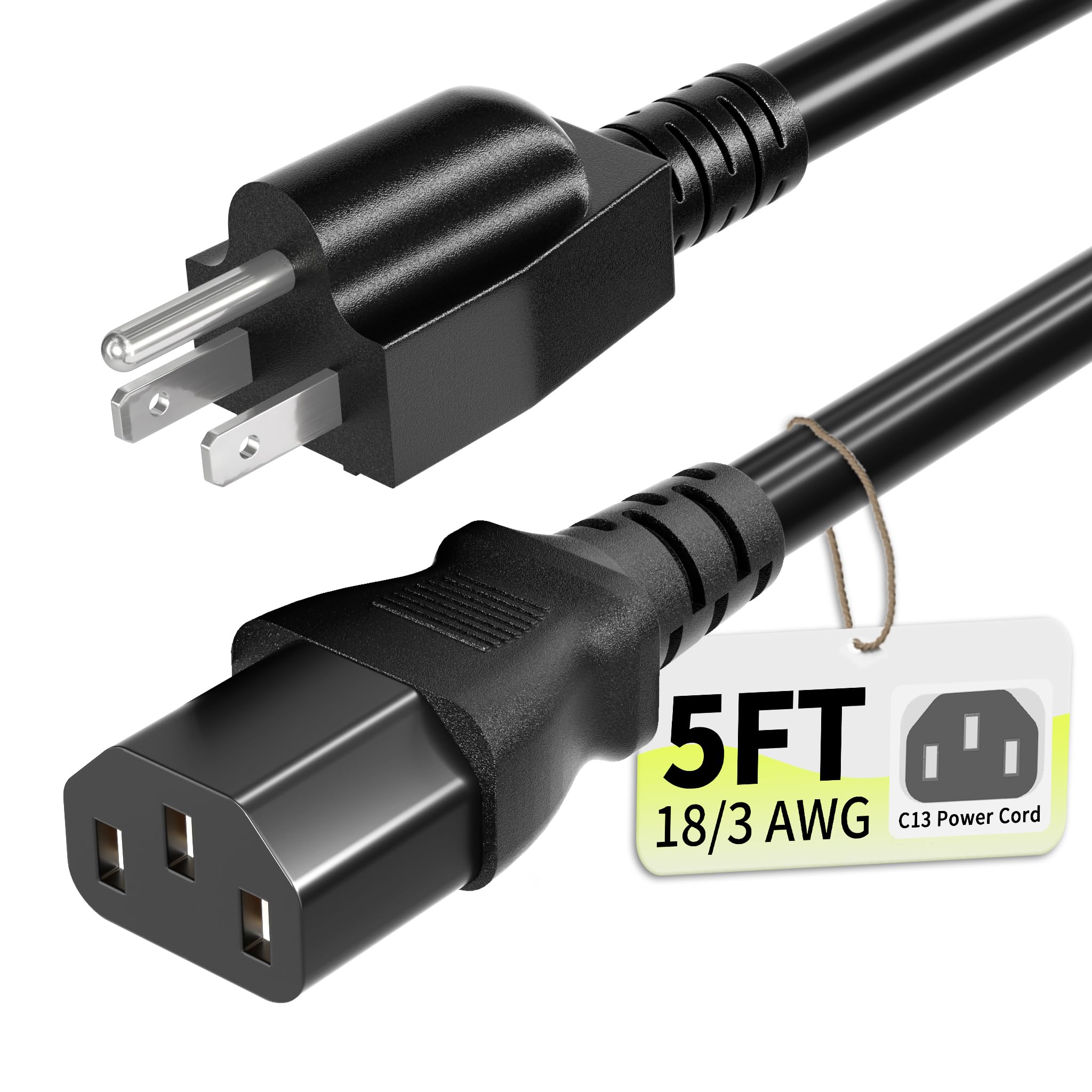Vockjour Universal 5ft(1.5m) Power Cord, 3-Prong Pure Copper ETL, Black