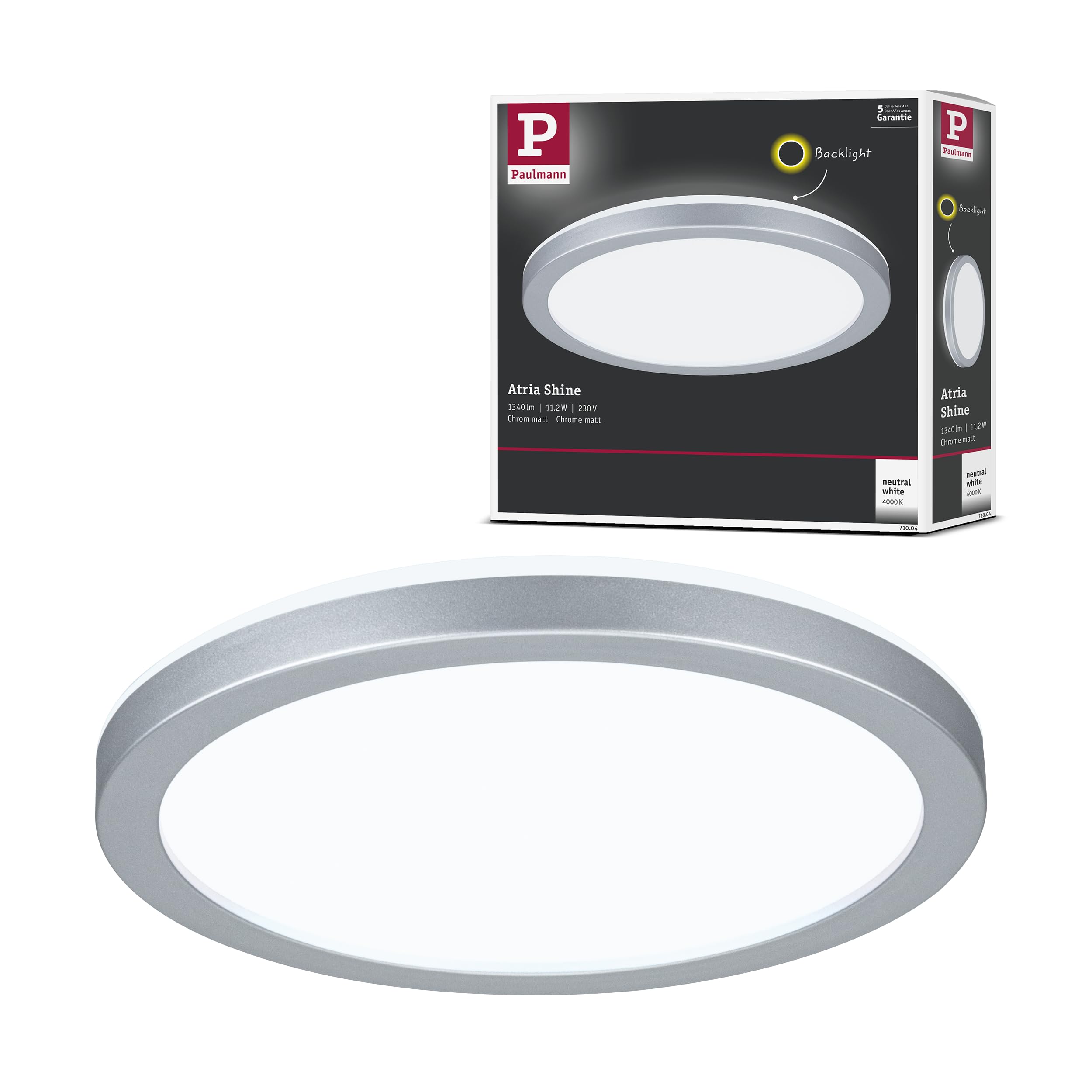 Paulmann 71004 LED Panel Atria Shine 190 mm Round incl. 1x11,2 W Daylight White matt Chrome Plastic Light Panel Ceiling Panel 4000 K