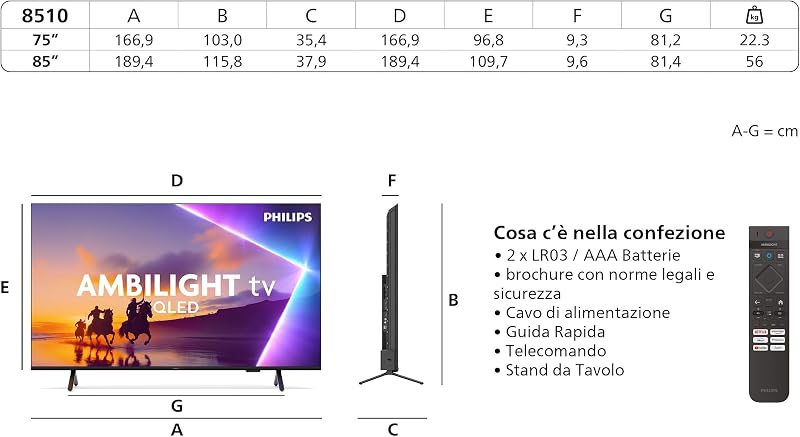 Ambilight 75PUS8510 4K QLED Smart TV - Display 75’’ con piattaforma Titan OS, Pixel Precise Ultra HD e Dolby Atmos Sound - Funziona con Alexa e Google Voice Assistant