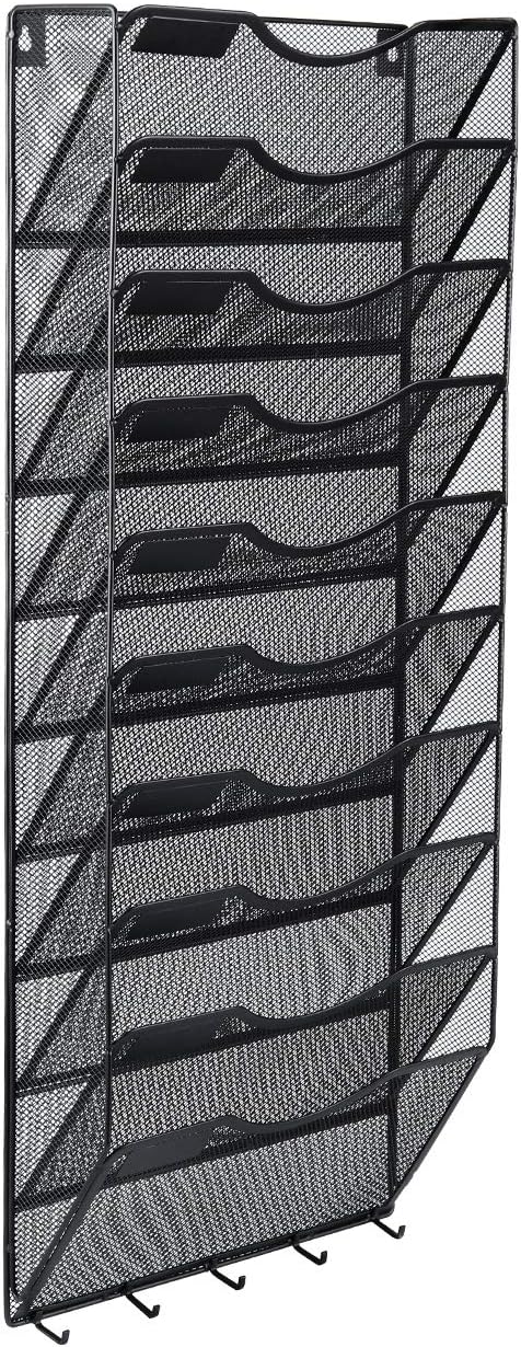 EasyPAG Mesh Metal 10 Pocket Wall File Holder Organizer Hanging Magazine Rack with 5 Key Holder Hooks,Black: Office Products