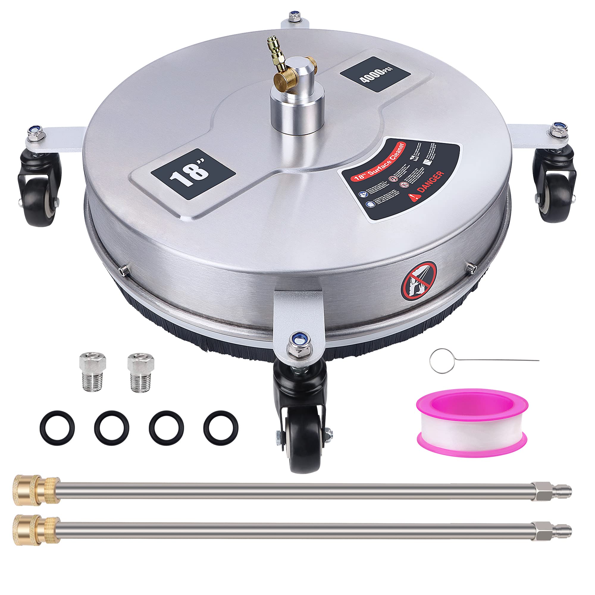 Photo 1 of Biswing 18" Pressure Washer Surface Cleaner with 4 Wheels, Stainless Steel Power Washer Accessory for Driveways Sidewalks Patios Cleaning, 1/4" Quick Connector, 2 Extension Wand Attachments, 4000 PSI