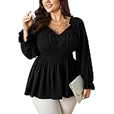 SCOMCHIC Womens Plus Size Tops Long Sleeve Blouse Ruffle Sweetheart Neckline Smocked Peplum Babydoll Top