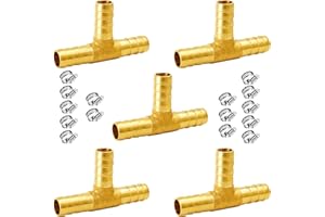 NICOLEKAY 1/2" Brass Barb Tee Fittings T-Shaped 3 Ways Union Hose Barb Pipe Fitting with 15pcs Stainless Steel Pipe Clamp for Water/Fuel/Air (Pack of 5)