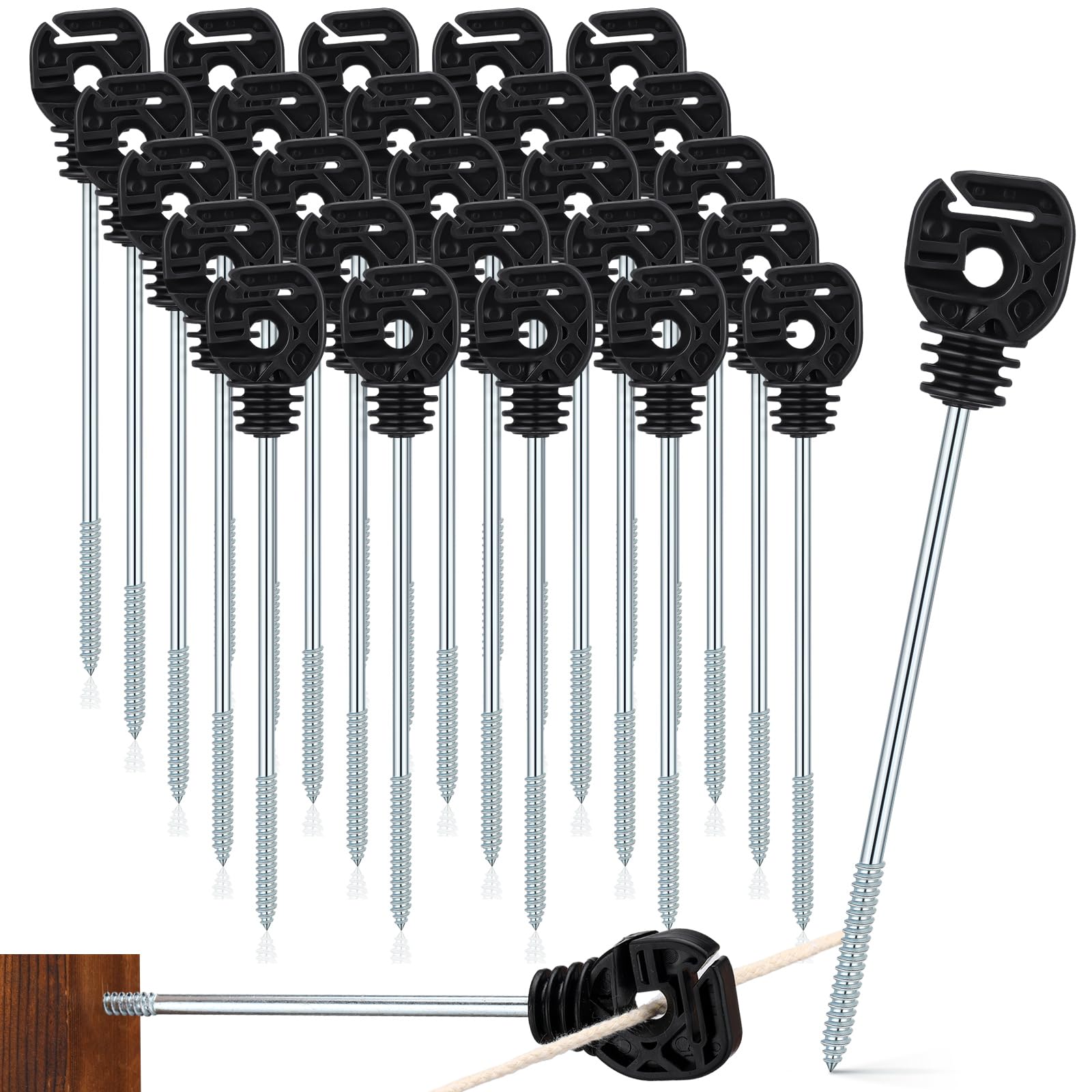 Photo 1 of Tandefio 25 Pcs Electric Fence Wire Insulator Stand Off Screw in Insulator Black Fence Post Insulator Long Arm Wood Post Insulator for Tape Rope Electric Wire Animal Agricultural Garden