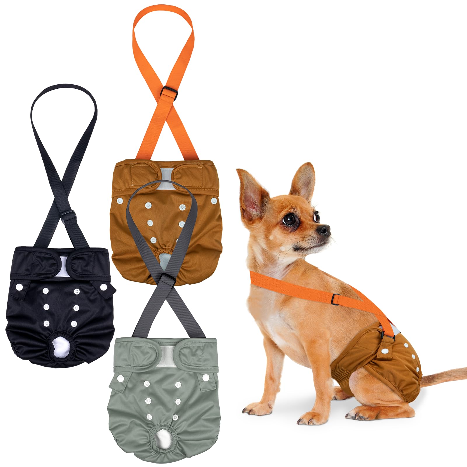 Photo 1 of Pet Soft Dog Diapers Female with Suspenders, 3 Pack Reusable Female Dog Diapers for Heat, Dog Period Panties for Doggie in Cycle(X-Small, Deepcolor)