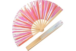ERDOGLY Holographic Laser Colors Hand Fan, Large Folding Rave Fan, Clack Handheld Fan for Party, Bamboo Holding Fan Folding Fan for Festival, Halloween, Rainbow Outfits for Women & Rave Accessories
