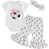 Newborn Baby Girl Soccer Outfit Soccer Bow Short Sleeve Bubble Romper Bell Bottom Pants Headband Set Summer Clothes
