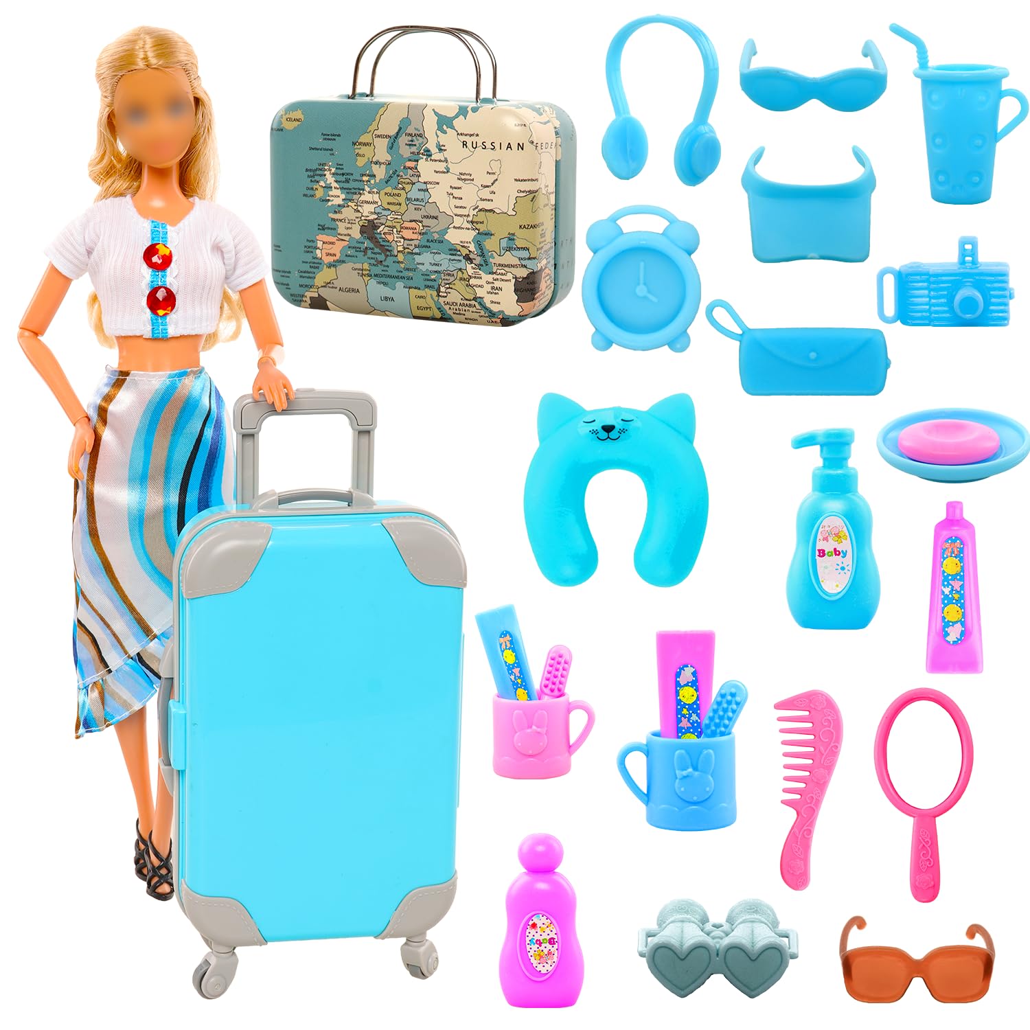 Miunana 29pcs Doll Travel Clothes and Accessories Blue Trunk Suitcase 2 Girl Clothes 1 Boy Doll Clothes 8 Life Accessories 12 Wash Accessories Telescope Sunglasses