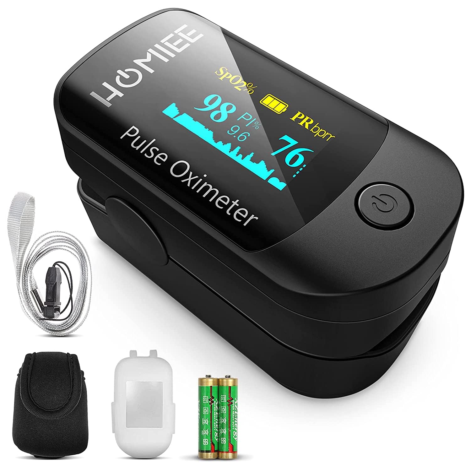 HOMIEE Pulse Oximeter Fingertip, OLED Display Blood Oxygen Saturation Monitor for Pulse Rate and SpO2 Level, and Silicone Cover, Carrying Bag, Lanyard, Black
