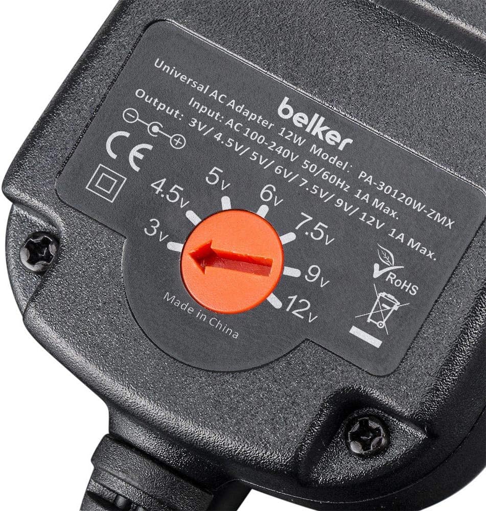 Belker 12W 3V 4.5V 5V 6V 7.5V 9V 12V Adjustable Voltage Universal AC/DC Adapter Power Supply for Household Electronics - 1A Max. [BN]: Home Audio & Theater
