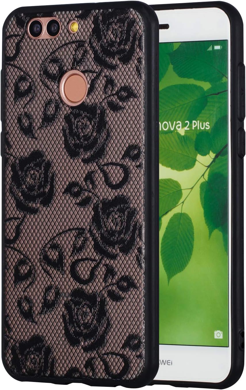Transparent Case for Huawei Nova 2 Plus, MAOOY Black Relief Lace Flower Design Cover with Hard PC Plastic Back and Soft TPU Silicone Bumper for Huawei Nova 2 Plus, Black Flowers